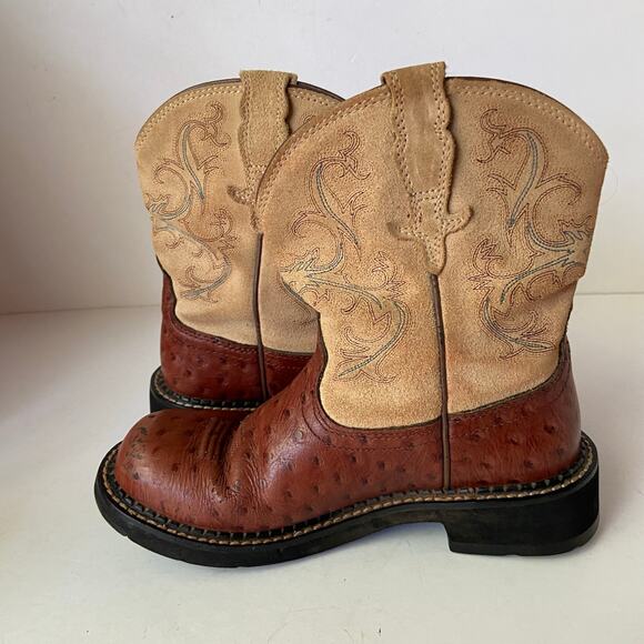 Ariat Fatbaby Brown Suede Embossed Ostrich Cowboy Boots Size 6B - Picture 2 of 15
